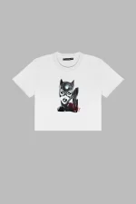 Cat Woman Baskılı Beyaz Crop Top
