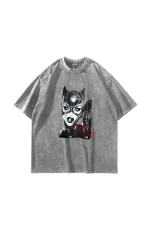 Cat Woman Baskılı Oversize Unisex Yıkamalı Beyaz Tshirt