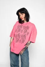 Cats Line V2 Baskılı Oversize Unisex Yıkamalı Pembe Tshirt