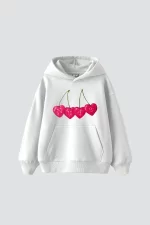 Cherry Nude Baskılı Oversize Unisex Premium Beyaz Hoodie