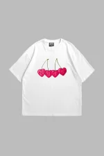 Cherry Nude Baskılı Oversize Unisex Premium Beyaz Tshirt