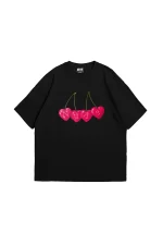 Cherry Nude Baskılı Oversize Unisex Premium Siyah Tshirt