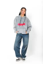 Cherry Nude Baskılı Oversize Unisex Premium Yıkamalı Beyaz Hoodie