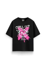 Chill Out Bear Baskılı Rahat Kalıp 30/1 Unisex Siyah Tshirt