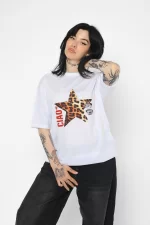 Ciao Yıldız Baskılı Oversize Unisex Beyaz Tshirt