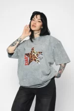 Ciao Yıldız Baskılı Oversize Unisex Yıkamalı Beyaz Tshirt