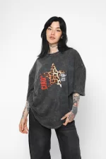Ciao Yıldız Baskılı Oversize Unisex Yıkamalı Siyah Tshirt