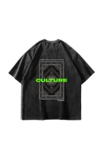 Culture Etnik Baskılı Oversize Unisex Premium Yıkamalı Siyah Tshirt