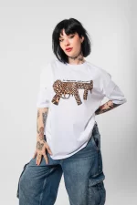 Dominante Leopar Baskılı Oversize Unisex Beyaz Tshirt