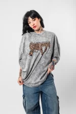 Dominante Leopar Baskılı Oversize Unisex Yıkamalı Beyaz Tshirt