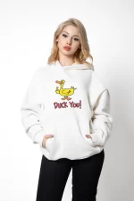 Duck You Baskılı Oversize Unisex Premium Beyaz Hoodie