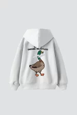 Ducking Relentless Baskılı Oversize Unisex Premium Beyaz Hoodie