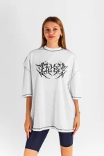 Dusk Baskılı Ters Dikiş Detaylı Beyaz Oversize Unisex Tshirt