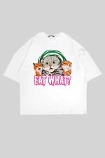 Eat What Cat Baskılı Oversize Unisex Beyaz Tshirt