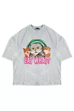 Eat What Cat Baskılı Oversize Unisex Yıkamalı Beyaz Tshirt