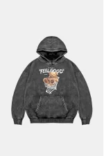 Feel Good Baskılı Oversize Unisex Yıkamalı Siyah Hoodie