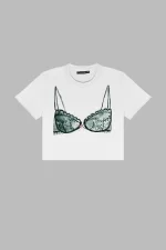 Fiyonk Bikini Baskılı Beyaz Crop Top