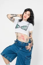 Fiyonk Bikini Baskılı Beyaz Crop Top