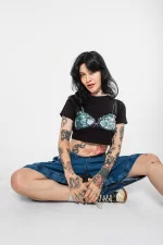 Fiyonk Bikini Baskılı Siyah Crop Top