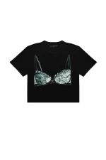 Fiyonk Bikini Baskılı Siyah Crop Top
