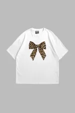 Fiyonk Leopar Baskılı 24/1 Oversize Unisex Beyaz Tshirt