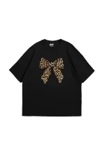 Fiyonk Leopar Baskılı 24/1 Oversize Unisex Siyah Tshirt