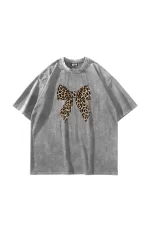 Fiyonk Leopar Baskılı 24/1 Oversize Unisex Yıkamalı Beyaz Tshirt