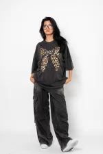 Fiyonk Leopar Baskılı 24/1 Oversize Unisex Yıkamalı Siyah Tshirt