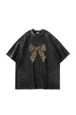 Fiyonk Leopar Baskılı 24/1 Oversize Unisex Yıkamalı Siyah Tshirt