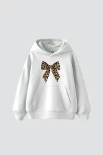 Fiyonk Leopar Baskılı Oversize Unisex Premium Beyaz Hoodie