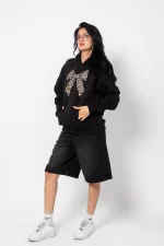 Fiyonk Leopar Baskılı Oversize Unisex Premium Siyah Hoodie