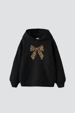 Fiyonk Leopar Baskılı Oversize Unisex Premium Siyah Hoodie