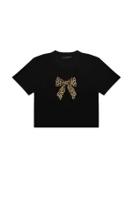 Fiyonk Leopar Baskılı Siyah Crop Top