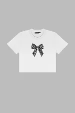 Fiyonk Leopar V2 Baskılı Beyaz Crop Top