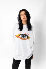 Flame Of Eye Baskılı Beyaz Oversize Unisex Tshirt