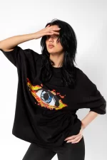 Flame Of Eye Baskılı Siyah Oversize Unisex Tshirt