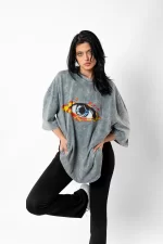 Flame Of Eye Baskılı Yıkamalı Beyaz Oversize Unisex Tshirt