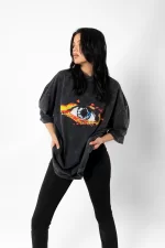 Flame Of Eye Baskılı Yıkamalı Siyah Oversize Unisex Tshirt