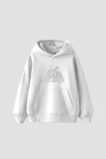 Flame Taş Baskılı Oversize Unisex Beyaz Hoodie