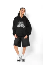 Flame Taş Baskılı Oversize Unisex Siyah Hoodie