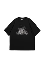 Flame Taş Baskılı Oversize Unisex Siyah Tshirt