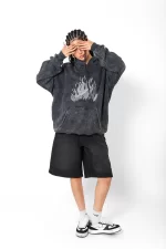 Flame Taş Baskılı Oversize Unisex Yıkamalı Siyah Hoodie