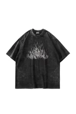 Flame Taş Baskılı Oversize Unisex Yıkamalı Siyah Tshirt