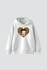 Betty Boops Baskılı Oversize Unisex Premium Beyaz Hoodie