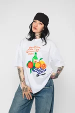 Fruits Baskılı Oversize Unisex Beyaz Tshirt