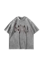 Gojira Baskılı Oversize Unisex Yıkamalı Beyaz Tshirt