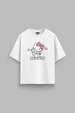H. Kitty Baskılı Rahat Kalıp 30/1 Unisex Beyaz Tshirt