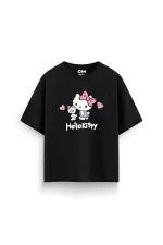 H. Kitty Baskılı Rahat Kalıp 30/1 Unisex Siyah Tshirt