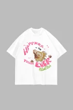 Happier Than Ever Baskılı Oversize Unisex Beyaz Tshirt