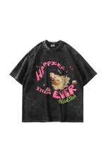 Happier Than Ever Baskılı Oversize Unisex Yıkamalı Siyah Tshirt